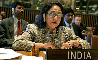 Indian delegation member Jaya Bachchan delivers her speech on Human Rights Questions at the 60th session of United Nations General Assembly in New York
