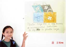 Ibna Sharma with one of her works on solid waste management at her residence in Mohali