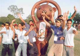 Sportspersons in jubilant mood with mascot Veeru during the first Chandigarh Games held recently