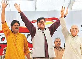 A former Chief Minister of Delhi, Mr Madan Lal Khurana, former cricketer Kirti Azad and Shatrughan Sinha at the launch of the Purvanchal Kranti Sangh in New Delhi