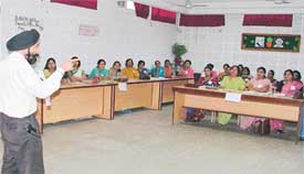 Mr Sarabjit Singh Kwatra, resource person, addresses teachers at a seminar organised in BCM Arya Model Senior Secondary School