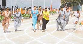 Students perform Rajasthani dance during the opening ceremony of the annual athletics meet of Guru Nanak International Public School, Ludhiana, on Saturday