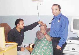 An eye check-up camp in progress at Hind Hospital, Ahmedgarh, on Sunday