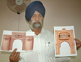 Mr Onkar Singh Sandhu, patron, Ramgarhia Federation, with the designs of historical “Ahluwalia” and “Ramgarhia” gates, whose restoration has been hanging fire.