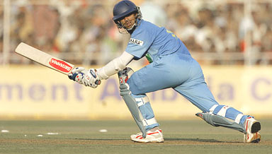 Rahul Dravid hits a boundary during his knock of 103 during the fifth one-day match against Sri Lanka in Ahmedabad on Sunday.