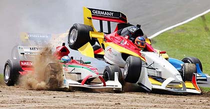 Salvador Duran of Mexico and Adrian Sutil of Germany crash during the sprint race of the A1 Grand Prix at Eastern Creek in Sydney on Sunday. The sprint was won by Nicolas Lapierre of France.
