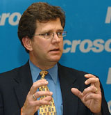 Business and Marketing Officer of Microsoft India Doug Hauger addresses a press conference in Bangalore on Monday. Microsoft India has launched a series of application platform products into the Indian market. 