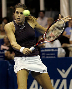 Amelie Mauresmo of France in action against Elena Dementieva of Russia during their Championship match on Sunday in Villanova