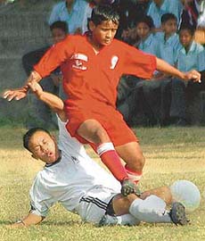 The final match of the 3rd Kanwar Harbans Lal Memorial Football Tournament in progress at football ground, Sector 17, Chandigarh