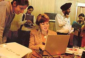 Prof Cherie Enns, Professor of Geography, University College of the Fraser Valley, Abbotsford, British Columbia, Canada, interacts with students after delivering a lecture at the ICSSR complex in Panjab University, Chandigarh