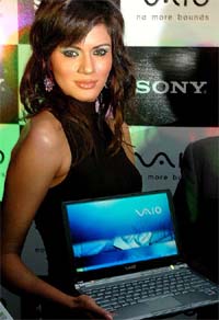 A model poses at the launch of Sony VAIO series of laptops at a press conference in New Delhi