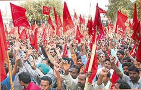 Workers at a CITU rally in Chhattar Singh Park in Ludhiana