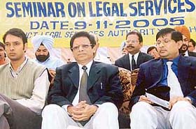 The District and Sessions Judge, Mr Harbans Lal, Mr Priyank Bharti, ADC (D), and the Chief Judicial Magistrate, Mr K.S. Cheema, at a seminar on free legal services at Hambran