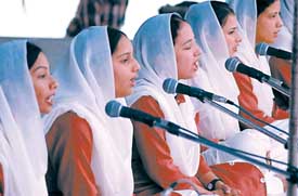 Students of SHDKMV, Kala Sanghia, sing shabad kirtan on the third day of the GND Varsity Zonal Youth Festival in Jalandhar on Thursday. 
