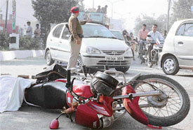 The scene of the accident at Pakhowal where a 27-year-old man was crushed to death under a bus in Ludhiana