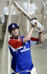 Englands Andrew Flintoff plays a shot during a net practice session at the Multan Cricket Stadium on Thursday