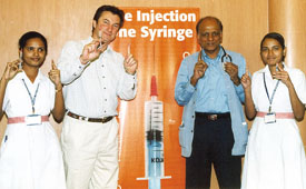 Marc Koska, the inventor of Auto Disable Syringes and Dr K.K. Aggarwal, President of Delhi Medical Association, at a press conference to announce the Injection Safety Week from November 11-17 in support of One Injection-One Syringe, a worldwide movement against unsafe injection practices, in the Capital on Friday