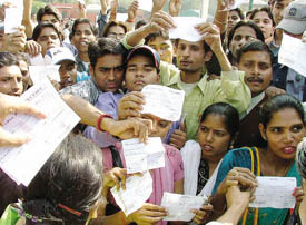 Hundreds of agitated youth protest against several dubious companies, which promised them jobs at stalls at the India International Trade Fair and took registration fee from them, but closed shop overnight