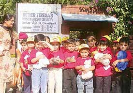 Students of Euro Kids, Mohali, with inmates of the Mother Teresa Home, Sector 23, Chandigarh, on Friday