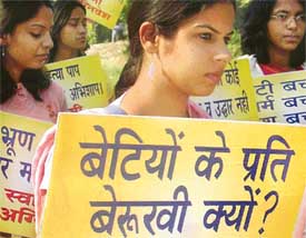 Girls protest against female focticide during a rally held in Chandigarh on Friday