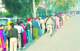 Parents stand in a queue for getting admission forms outside a school in Jalandhar