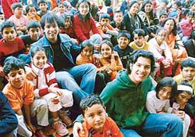 Students of Strawberry Fields World School, Sector 26, with Ayaan and Amaan Bangash in Chandigarh on Monday