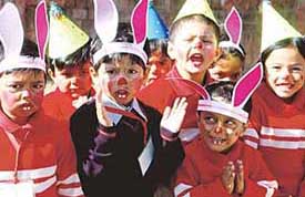Students of Tender Heart School, Sector 33, enjoy Childrens Day programme on school premises in Chandigarh on Monday