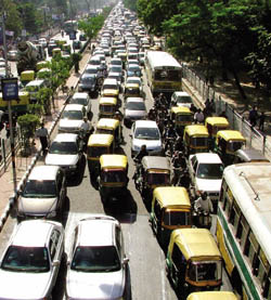 A traffic jam outside Pragati Maidan on opening day of India International Trade Fair