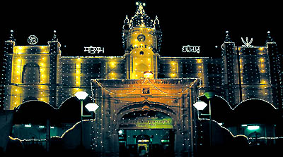 The illuminated building of Gurdwara Singh Sabha, Model Town, on the eve of Parkash Utsav of Guru Nanak Dev in Jalandhar on Monday