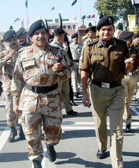 Mr Javed Zia, Director-General, Pakistan Rangers, with Mr A.K. Sarolia, DIG, BSF, at the Wagah joint check-post on Wednesday. 