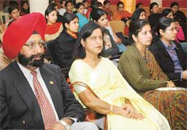 Brig Kuldeep Singh Chandpuri (extreme left) at the history presentation contest at MCM DAV College, Sector 36, Chandigarh, on Thursday. 