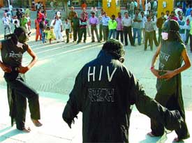 Artistes of Deep Group, Delhi, presenting a play to create public awareness on HIV/AIDS at the India International Trade Fair 2005, at Pragati Maidan in the Capital on Thursday