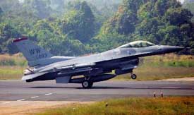 A US F-16 aircraft makes a landing during joint India-US air force exercises at the Kalaikunda Airbase, 130 km from Kolkata, on Thursday. 