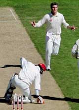 Australias Stuart MacGill rejoices on dismissing Denesh Ramdin of the West Indies on the first day of the second Test in Hobart on Thursday