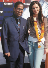 Miss Universe Natalie Gledova at the inauguration of Aurobindo Chaudhuri Memorial Great Indian Dream Foundation School at Mehrauli in the Capital