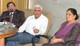 Mr T.R. Sarangal, Managing Director of the Punjab Health Systems Corporation, flanked by Dr Y.R. Markan, Additional Director, and Dr Rajinder Kaur, Civil Surgeon, during a press conference in Ludhiana on Friday