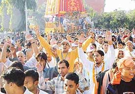 ISKCON devotees taking out the Lord Jagannath rath yatra in Chandigarh on Saturday.