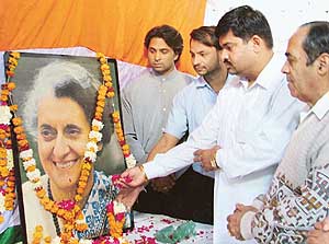 The District Youth Congress chief, Mr Dimple Rana, pays tributes to Indira Gandhi on her 88th birth anniversary in Ludhiana on Saturday. 