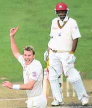 Australian speedster Brett Lee appeals successfully against West Indian batsman Shivnarine Chanderpaul (right) during the third day of the second Test in Hobart on Saturday.