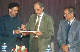 Mr Dominique Dreyer, Ambassador of Switzerland to India, releasing a brochure on the life and works of Pierre Jeanneret, while Prof K.N. Pathak, Vice-Chancellor, Panjab University, and Surinder Bagha of the Saakaar Foundation look on at Panjab University in Chandigarh on Sunday