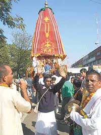 A devotee of Lord Jagannath in a trance during a rath yatra in Panchkula on Sunday