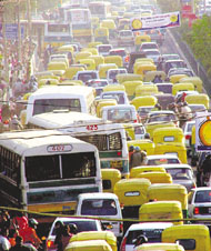 A massive traffic jam on Mathura Road due to unexpected number of visitors arriving at the India International Trade Fair