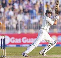 Pakistan allrounder Shahid Afridi plays a shot during the first day of the second Test at the Iqbal Stadium in Faisalabad on Sunday.