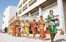 Students on their way to perform a welcome song at the inauguration of the CBSE regional office building in Panchkula on Monday