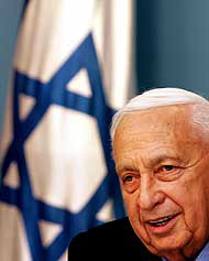 Israeli Prime Minister Ariel Sharon speaks during a news conference at his office in Jerusalem on Monday