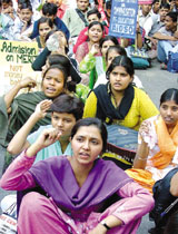Students under the banner of the All India Democratic Students Organisation taking part in a rally against the proposed Bill, which will ensure 50 per cent seats in professional colleges to be filled by the management according to their will, in the Capital on Tuesday