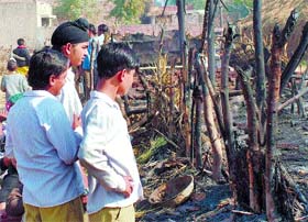 Onlookers at the site of the fire in Kot Sadiq village near Jalandhar, where 15 cattle were burnt to death