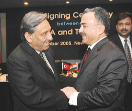 Union Minister for Petroleum and Natural Gas Mani Shankar Aiyar (left) with Turkish Minister for Energy and Natural Resources Dr Hilmi Guler at the signing of an agreement for cooperation in the oil sector in New Delhi on Thursday.