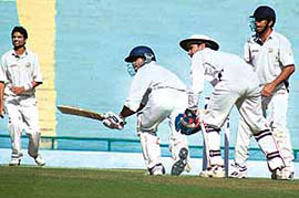 P.M.S. Reddy of Services plays a shot during the second days play of their Ranji Trophy Elite Group B match