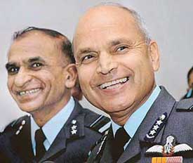 The Air Officer Commanding-in-Chief, Western Air Command, Air Marshal A.K. Singh, along with the Senior Maintenance Staff Officer, WAC, Air-Vice Marshal R.P. Singh, interacts with mediapersons in Chandigarh on Friday.